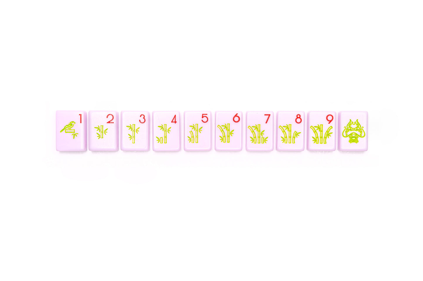 Elegant Luxe Lilac Chinoiserie Mahjong tiles with bamboo, koi fish, and floral motifs.