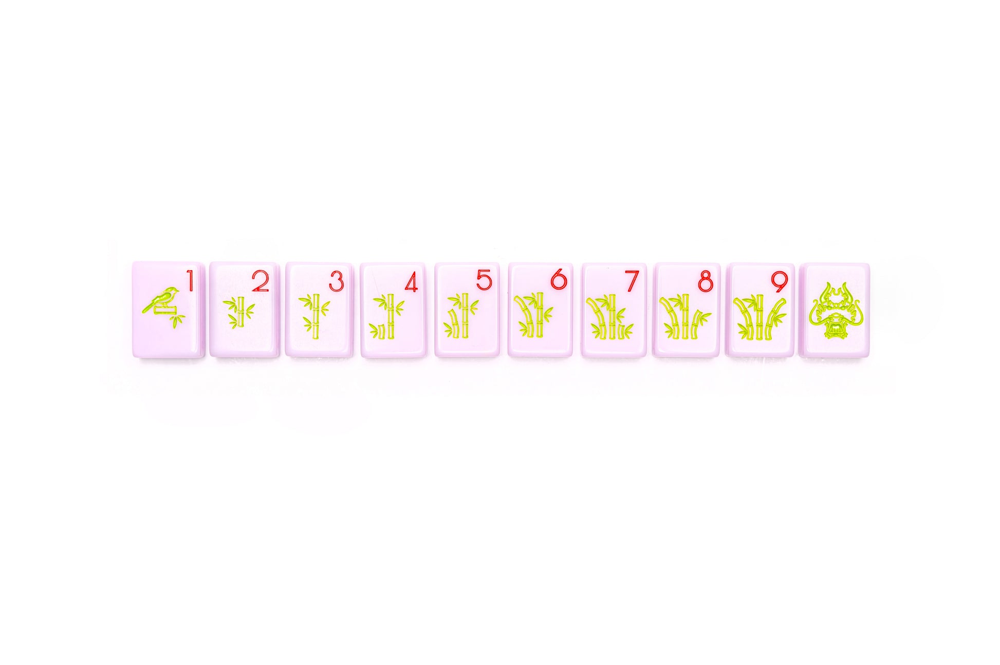 Elegant Luxe Lilac Chinoiserie Mahjong tiles with bamboo, koi fish, and floral motifs.