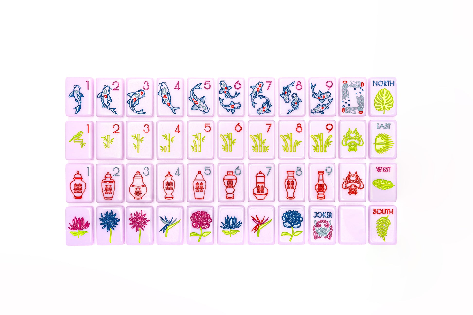 Elegant Luxury Lilac Custom Mahjong tiles Chinoiserie design with bamboo, koi fish, and floral motifs.