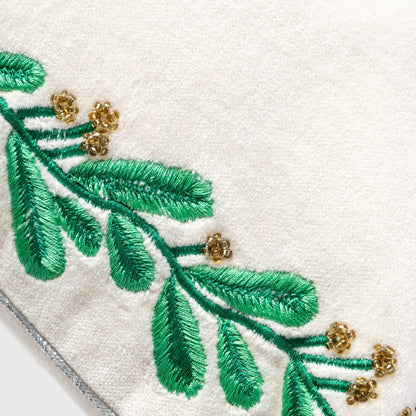 Embroidered border mistletoe pillow, cream cotton velvet