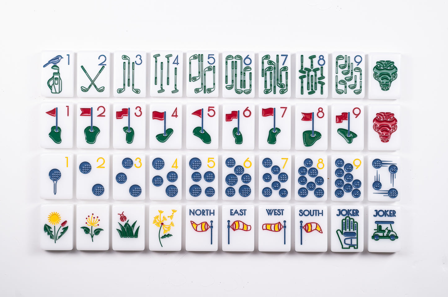 A golf-themed mahjong tile set perfect for the country club. Pretty, high-quality mahjong line.