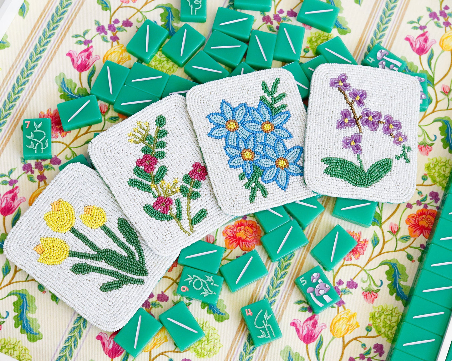 Hand-Beaded Flower Tile Coasters - Mixed Flowers
