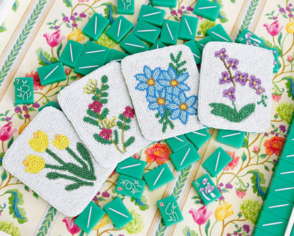 Hand-Beaded Flower Tile Coasters - Mixed Flowers