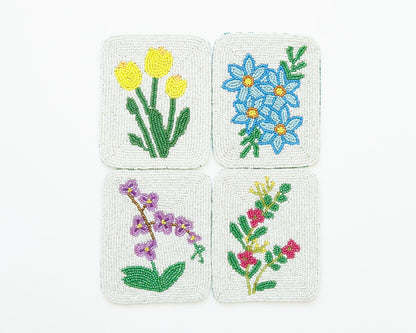 Hand-Beaded Flower Tile Coasters - Mixed Flowers