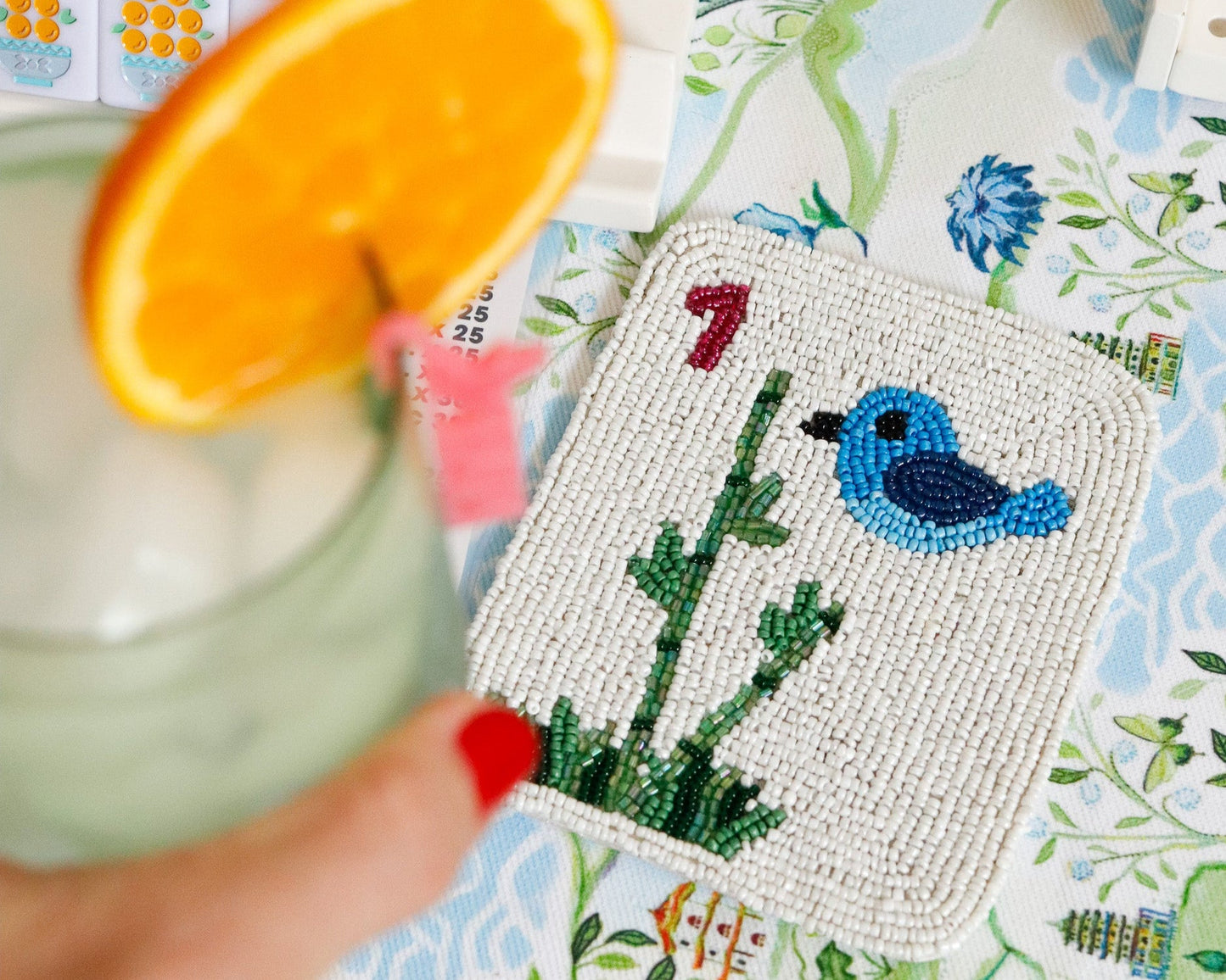 Hand Beaded Bird Bam Mahjong Tile Coasters