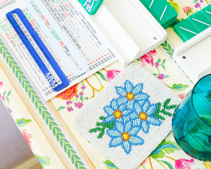 Hand-Beaded Blue Flower Tile Coaster Set