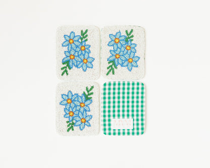 Hand-Beaded Blue Flower Tile Coaster Set