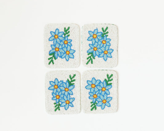 Hand-Beaded Blue Flower Tile Coaster Set