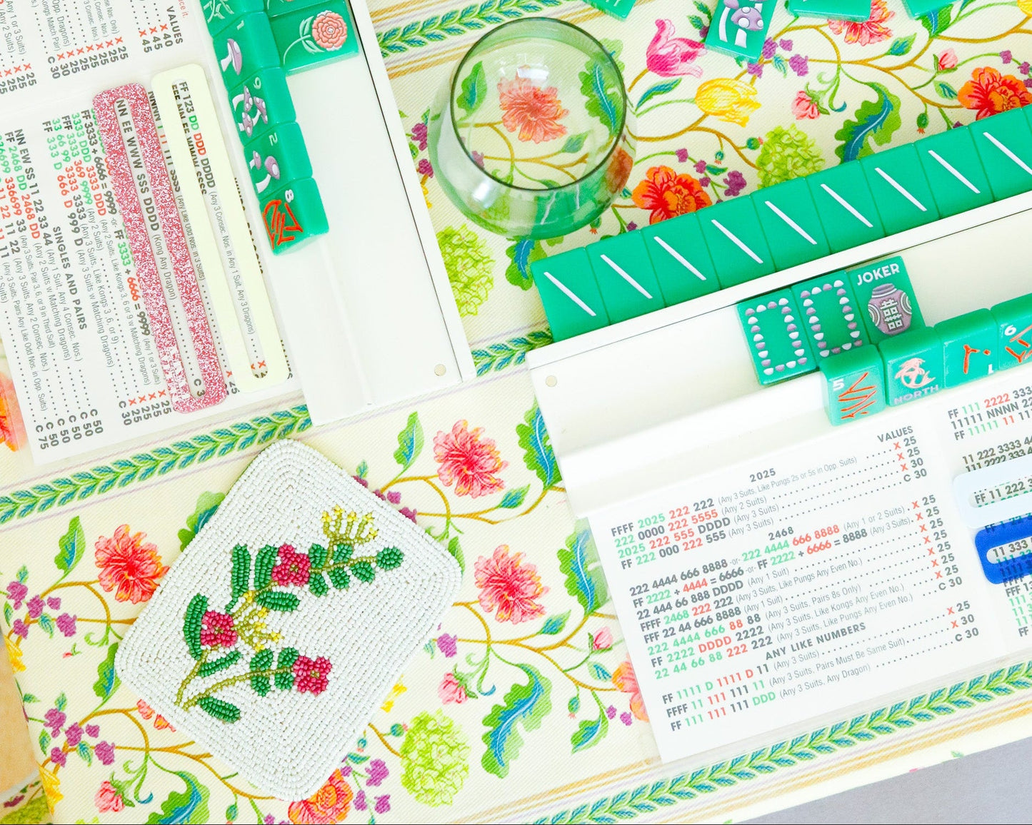 Hand-Beaded Pink Flower Tile Coaster Set