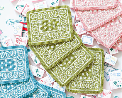 Hand-Beaded Paisley Coaster in Avocado Green
