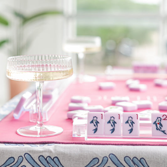 Playing Mah Jongg with Pretty Lilac Mahjong Tiles - American Mahjong Line - Chinoiserie Mahjong Tiles - Elegant Luxe Lilac Chinoiserie Mahjong tiles with bamboo, koi fish, and floral motifs.