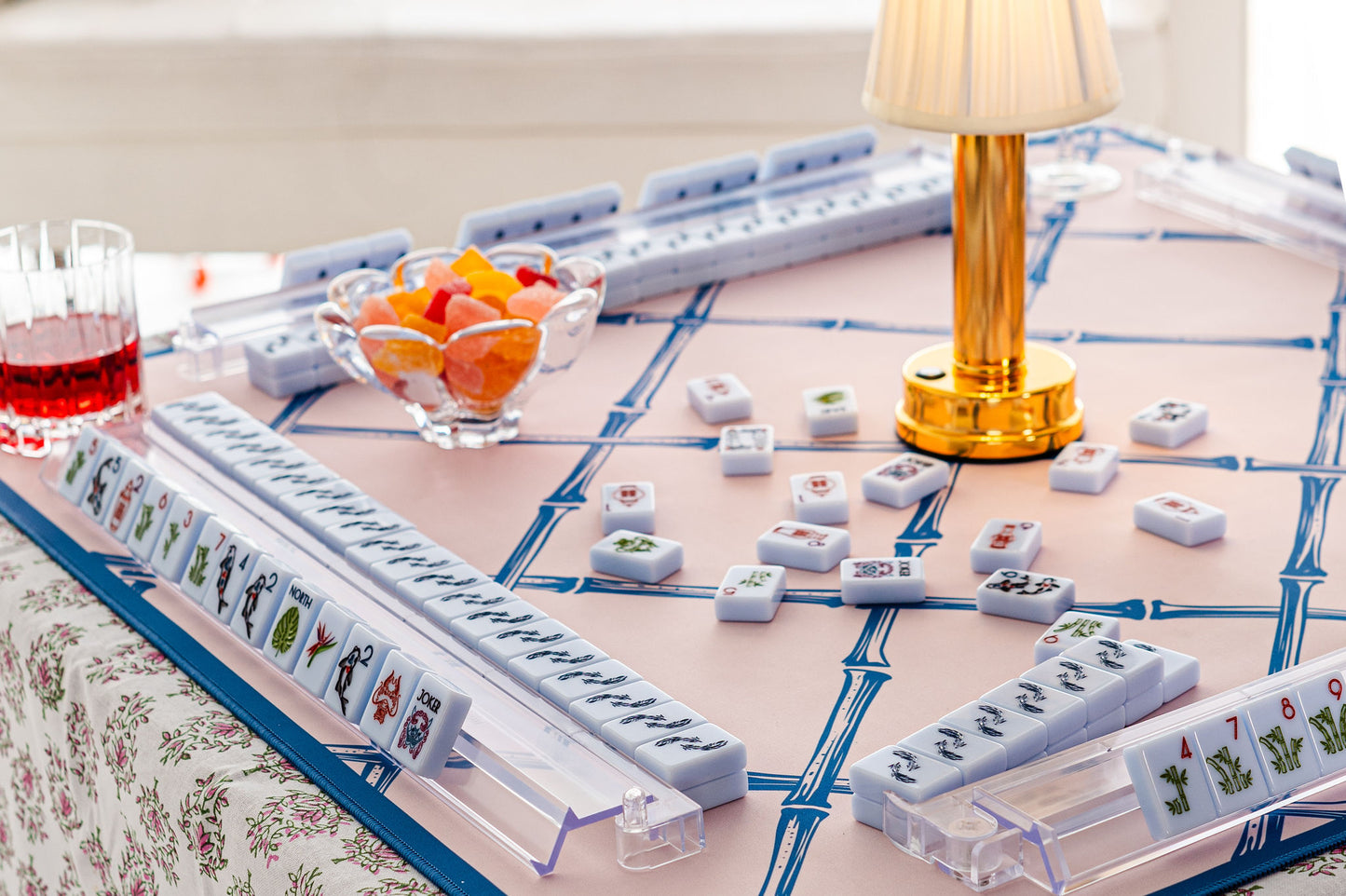 Playing Mahjong with Pretty Blue Tiles - Chinoiserie Set Mahjong Tiles - Southern Sparrow Mahjong Line