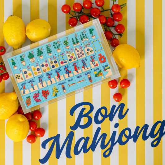 Close-up of hand-painted acrylic mahjong tiles, Riviera Jet Set, Portofino Blue