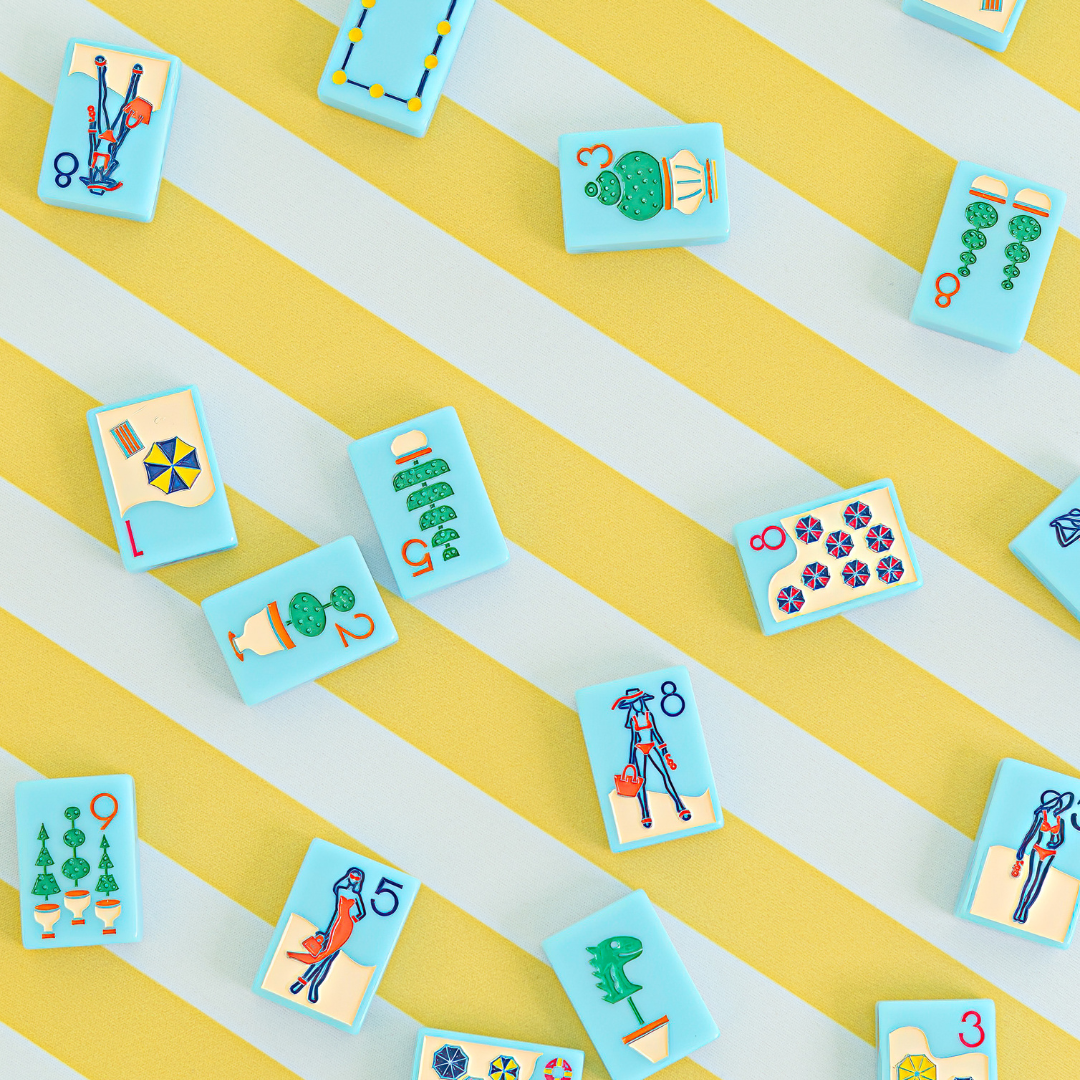 Ocean mahjong set with beach umbrella Dot tiles and bougainvillea Flower tiles