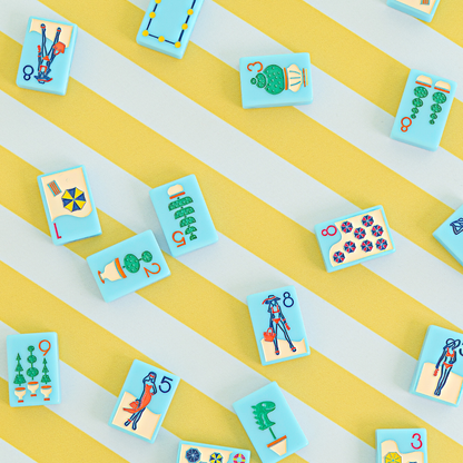 Ocean mahjong set with beach umbrella Dot tiles and bougainvillea Flower tiles