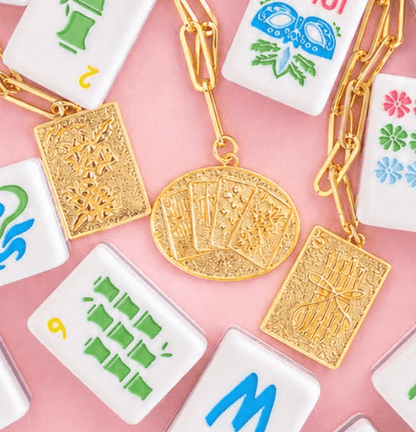 Mahjong Charm Tile Necklace- Paper Clip chain  - 18k Gold Plated