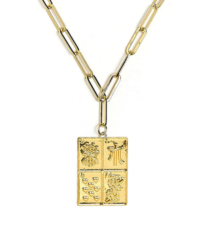 Mahjong Charm Tile Necklace- Paper Clip chain  - 18k Gold Plated