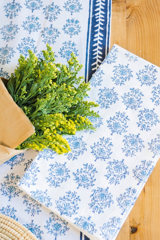 Table Throw - Lotus, Navy & Uniform Blue with Navy Vine Border