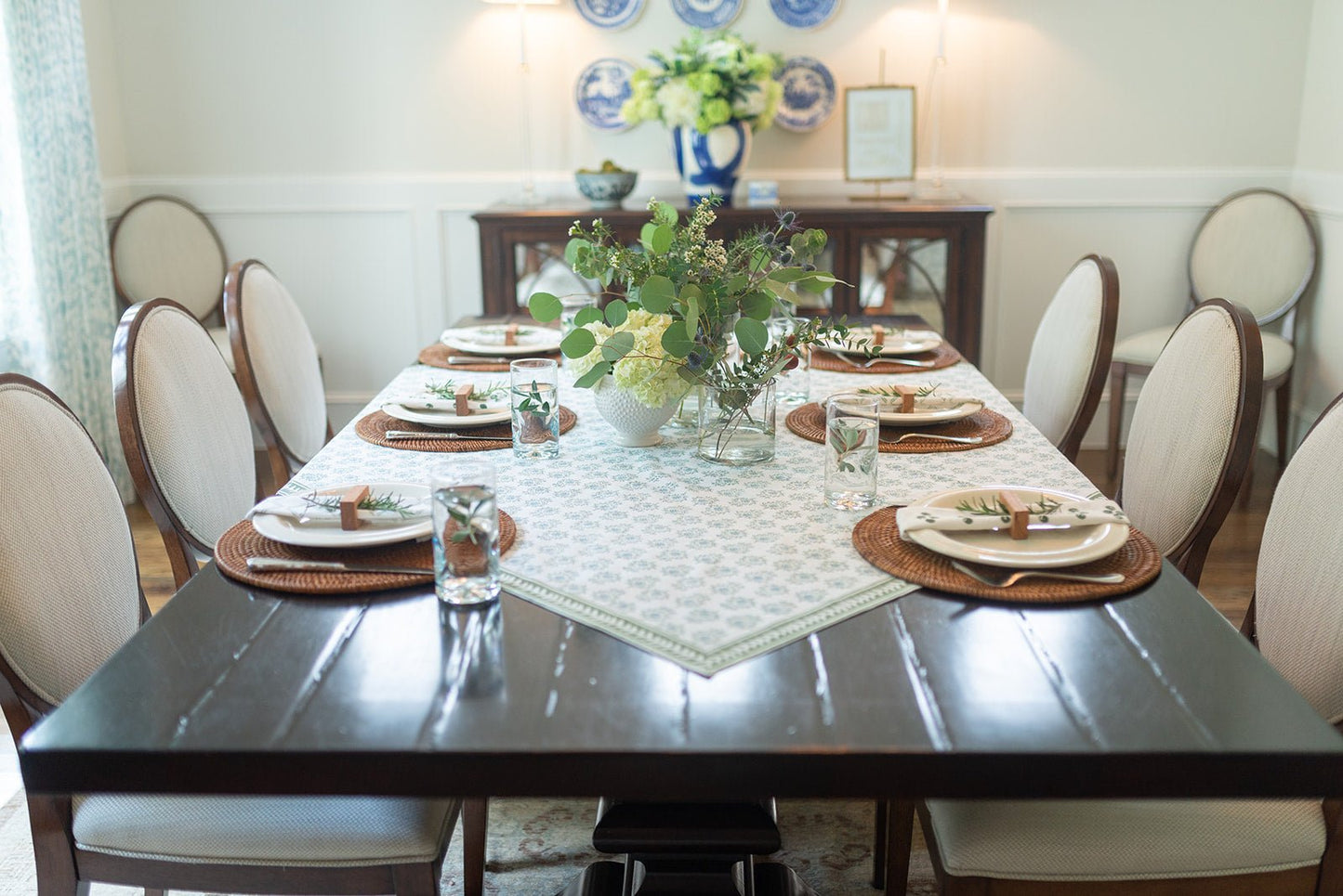 Table Throw - Lotus, Sage & Uniform Blue with Sage Vine Border