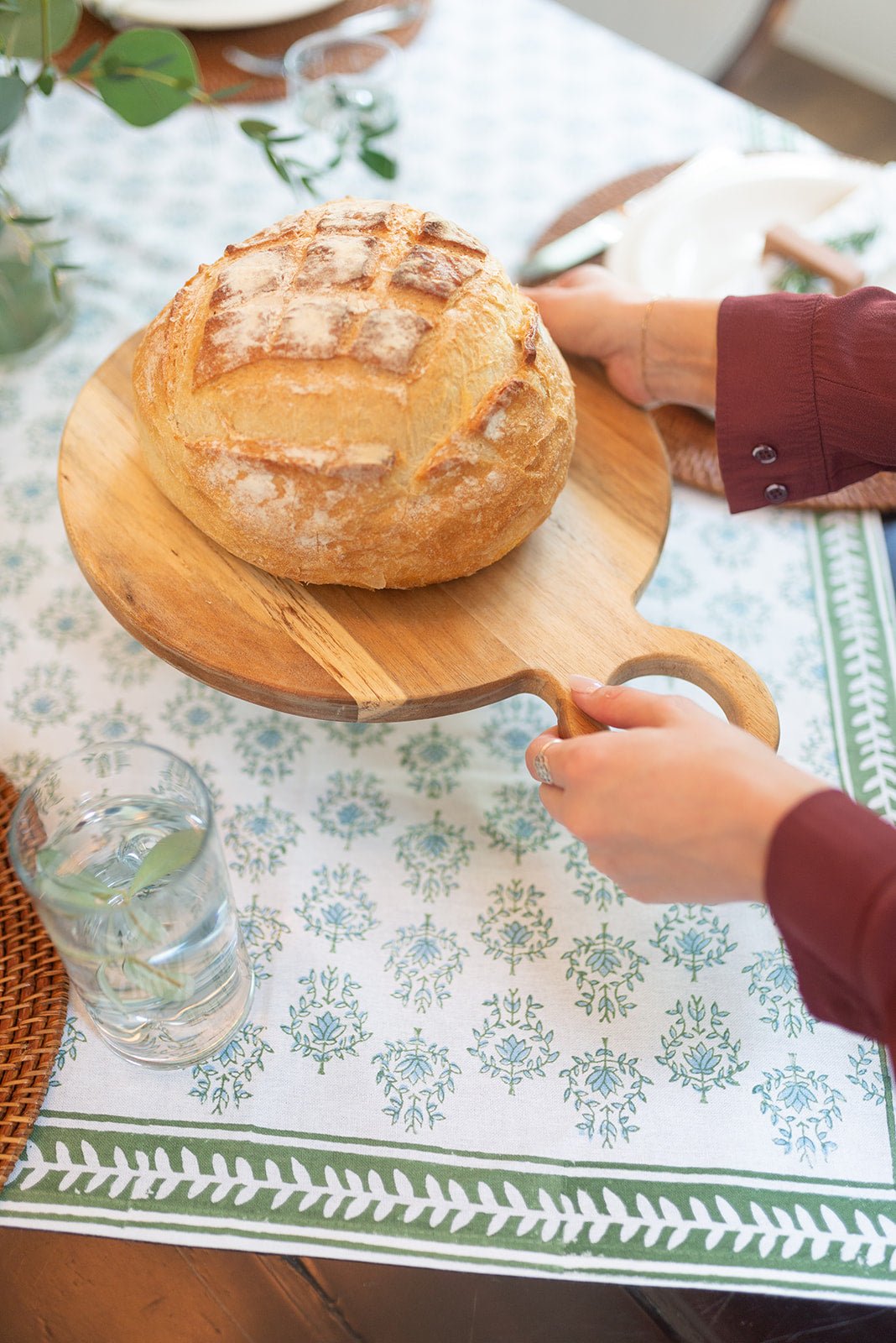 Table Throw - Lotus, Sage & Uniform Blue with Sage Vine Border